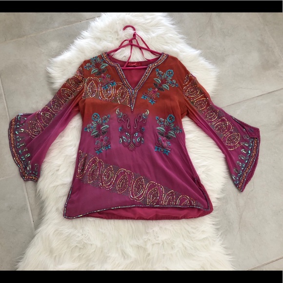 Bell-Sleeve Silk Beaded Blouse, size M - Picture 8 of 8